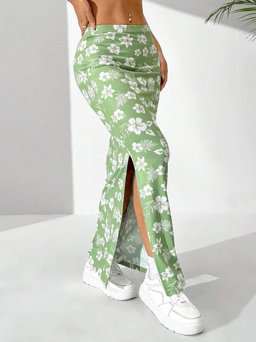 EZwear Women's Simple Daily Floral Printed Split Hem Skirt