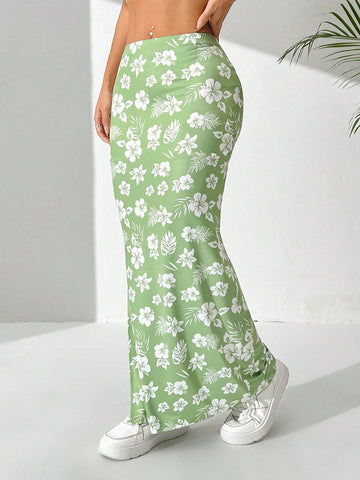 EZwear Women's Simple Daily Floral Printed Split Hem Skirt