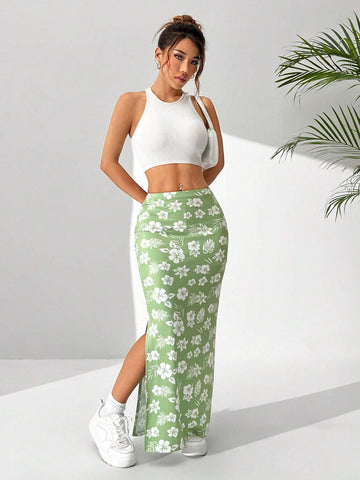 EZwear Women's Simple Daily Floral Printed Split Hem Skirt