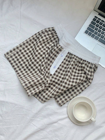 EZwear Women's Simple Daily Plaid Patchwork Home Shorts