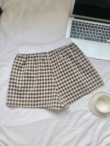 EZwear Women's Simple Daily Plaid Patchwork Home Shorts