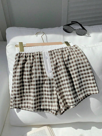 EZwear Women's Simple Daily Plaid Patchwork Home Shorts