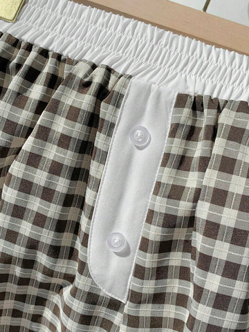 EZwear Women's Simple Daily Plaid Patchwork Home Shorts