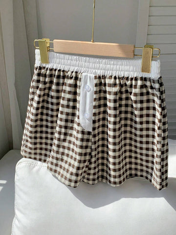 EZwear Women's Simple Daily Plaid Patchwork Home Shorts