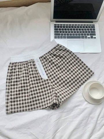 EZwear Women's Simple Daily Plaid Patchwork Home Shorts