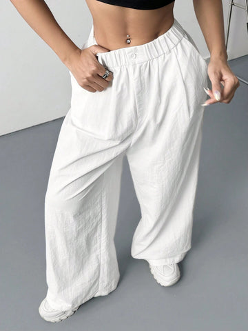EZwear Women's Simple Loose White Woven Trousers