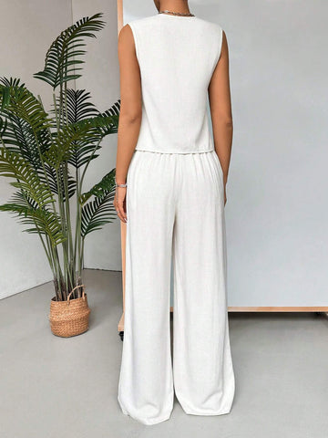 Women's Simple Solid Color Sleeveless Top And Long Pants Casual Set