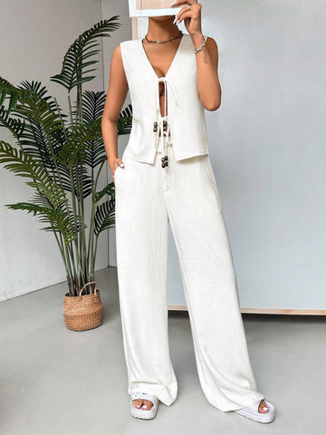 Women's Simple Solid Color Sleeveless Top And Long Pants Casual Set