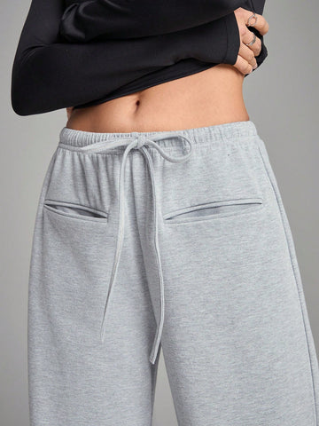 EZwear Women's Simple Tie Front Pocket Loose Sweatpants, Casual Everyday Wear