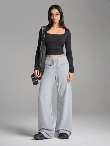 EZwear Women's Simple Tie Front Pocket Loose Sweatpants, Casual Everyday Wear