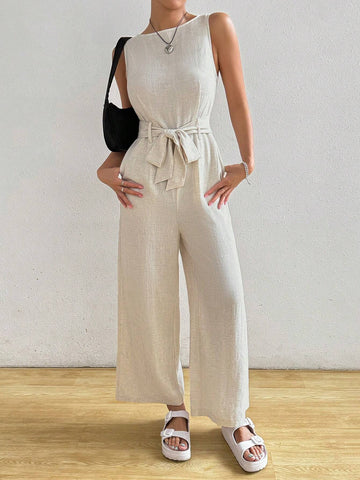 Women's Sleeveless Solid Color Jumpsuit With Belted Waist, Round Neck For Summer