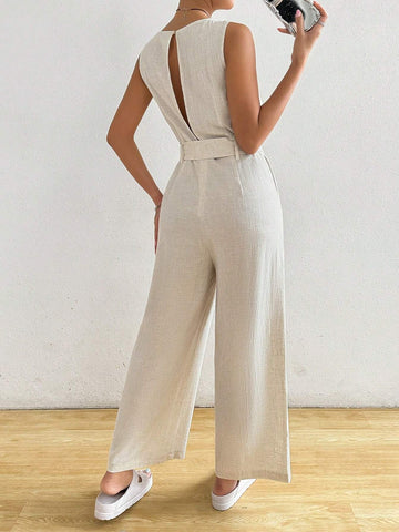 Women's Sleeveless Solid Color Jumpsuit With Belted Waist, Round Neck For Summer