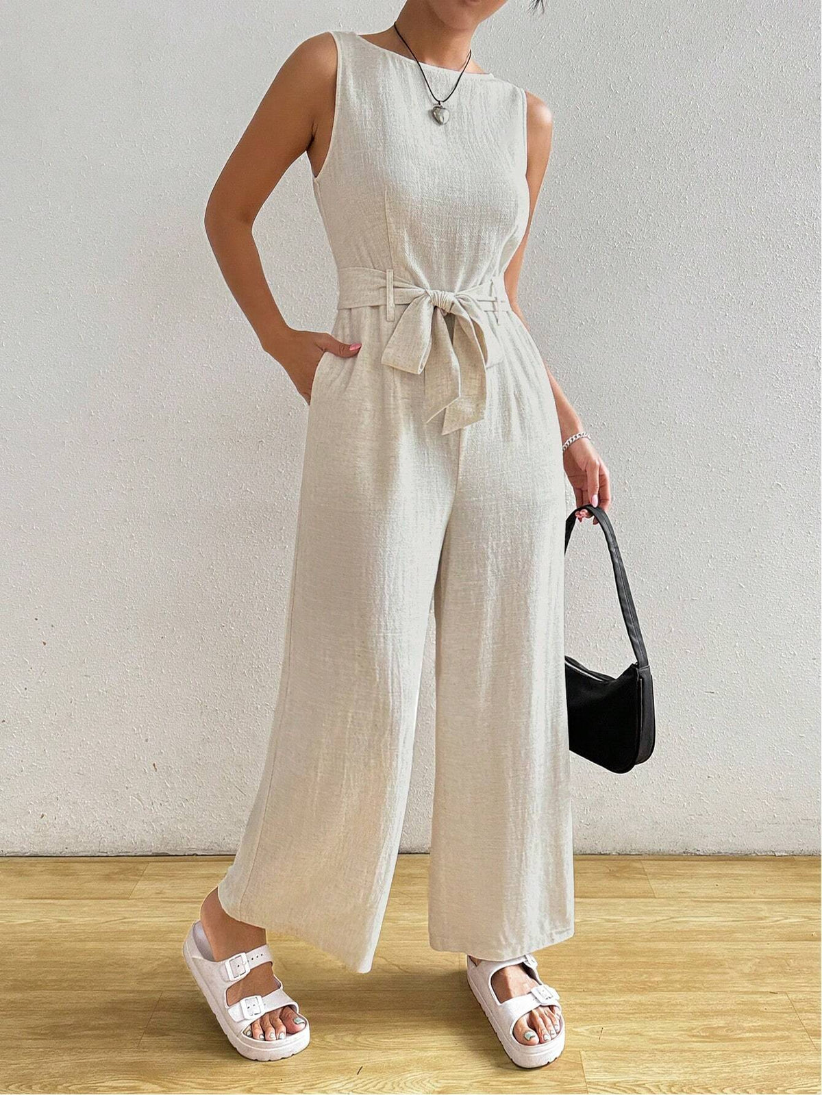 Women's Sleeveless Solid Color Jumpsuit With Belted Waist, Round Neck For Summer