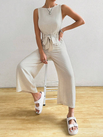 Women's Sleeveless Solid Color Jumpsuit With Belted Waist, Round Neck For Summer
