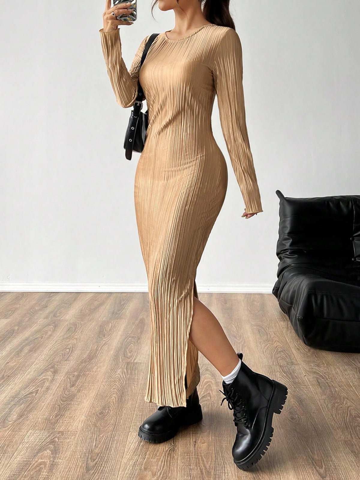 Women's Slim Fit Long Sleeve Round Neck Dress