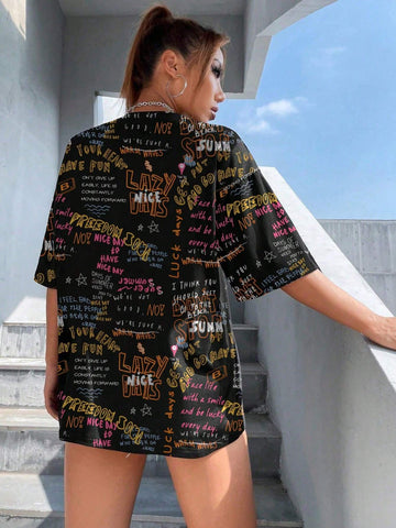 Women's Slogan Print Round Neck Short Sleeve T-Shirt