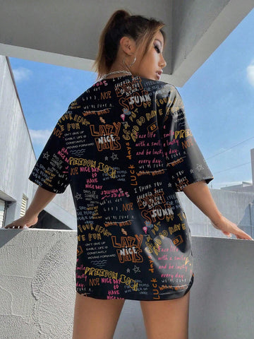 Women's Slogan Print Round Neck Short Sleeve T-Shirt