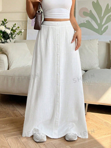 EZwear Women's Solid Color, A-Line, Half-Skirt, Casual Long Skirt With Single-Breasted