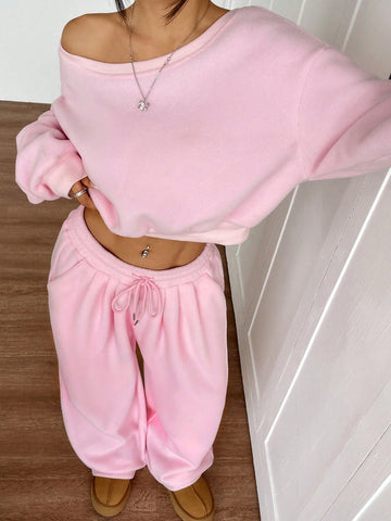 Women's Solid Color Asymmetrical Collar Long Sleeve Cropped Sweatshirt And Wide Leg Pants Casual Suit Set, Autumn/Winter
