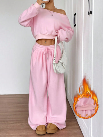 Women's Solid Color Asymmetrical Collar Long Sleeve Cropped Sweatshirt And Wide Leg Pants Casual Suit Set, Autumn/Winter