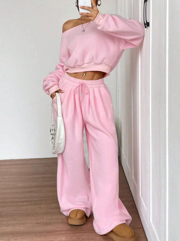 Women's Solid Color Asymmetrical Collar Long Sleeve Cropped Sweatshirt And Wide Leg Pants Casual Suit Set, Autumn/Winter