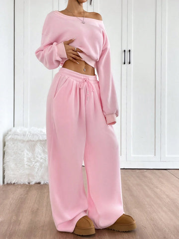 Women's Solid Color Asymmetrical Collar Long Sleeve Cropped Sweatshirt And Wide Leg Pants Casual Suit Set, Autumn/Winter