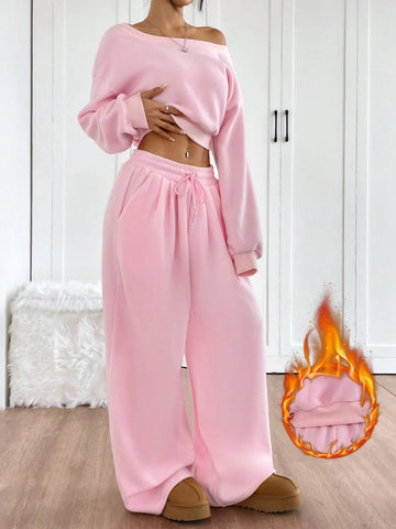Women's Solid Color Asymmetrical Collar Long Sleeve Cropped Sweatshirt And Wide Leg Pants Casual Suit Set, Autumn/Winter