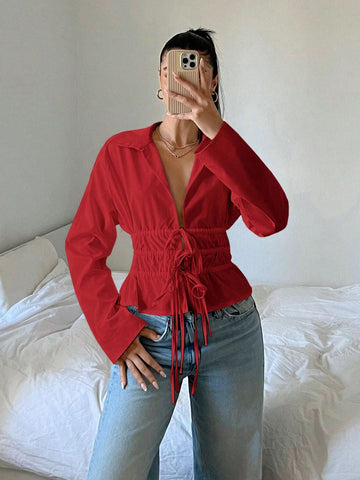 EZwear Women's Solid Color Belted Long Sleeve Loose Fashion Shirt, Autumn