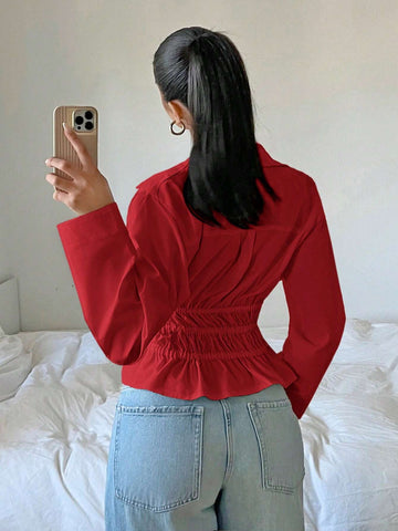 EZwear Women's Solid Color Belted Long Sleeve Loose Fashion Shirt, Autumn