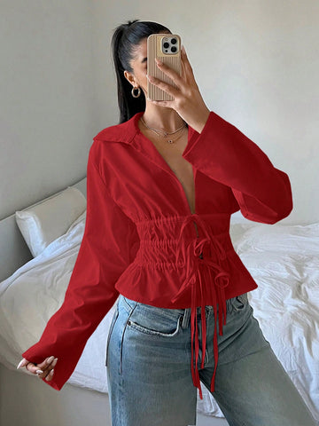 EZwear Women's Solid Color Belted Long Sleeve Loose Fashion Shirt, Autumn