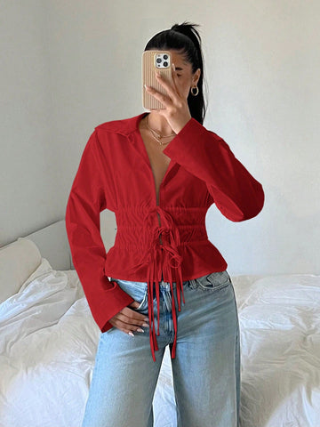 EZwear Women's Solid Color Belted Long Sleeve Loose Fashion Shirt, Autumn