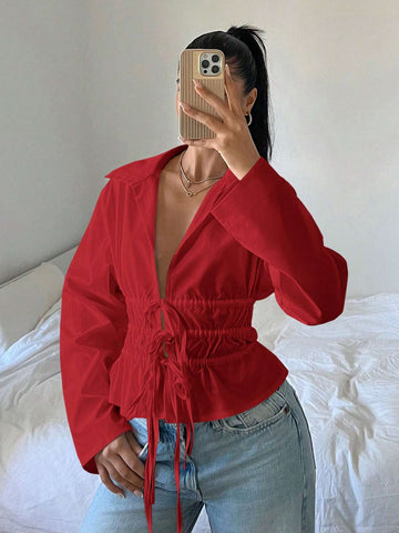 EZwear Women's Solid Color Belted Long Sleeve Loose Fashion Shirt, Autumn