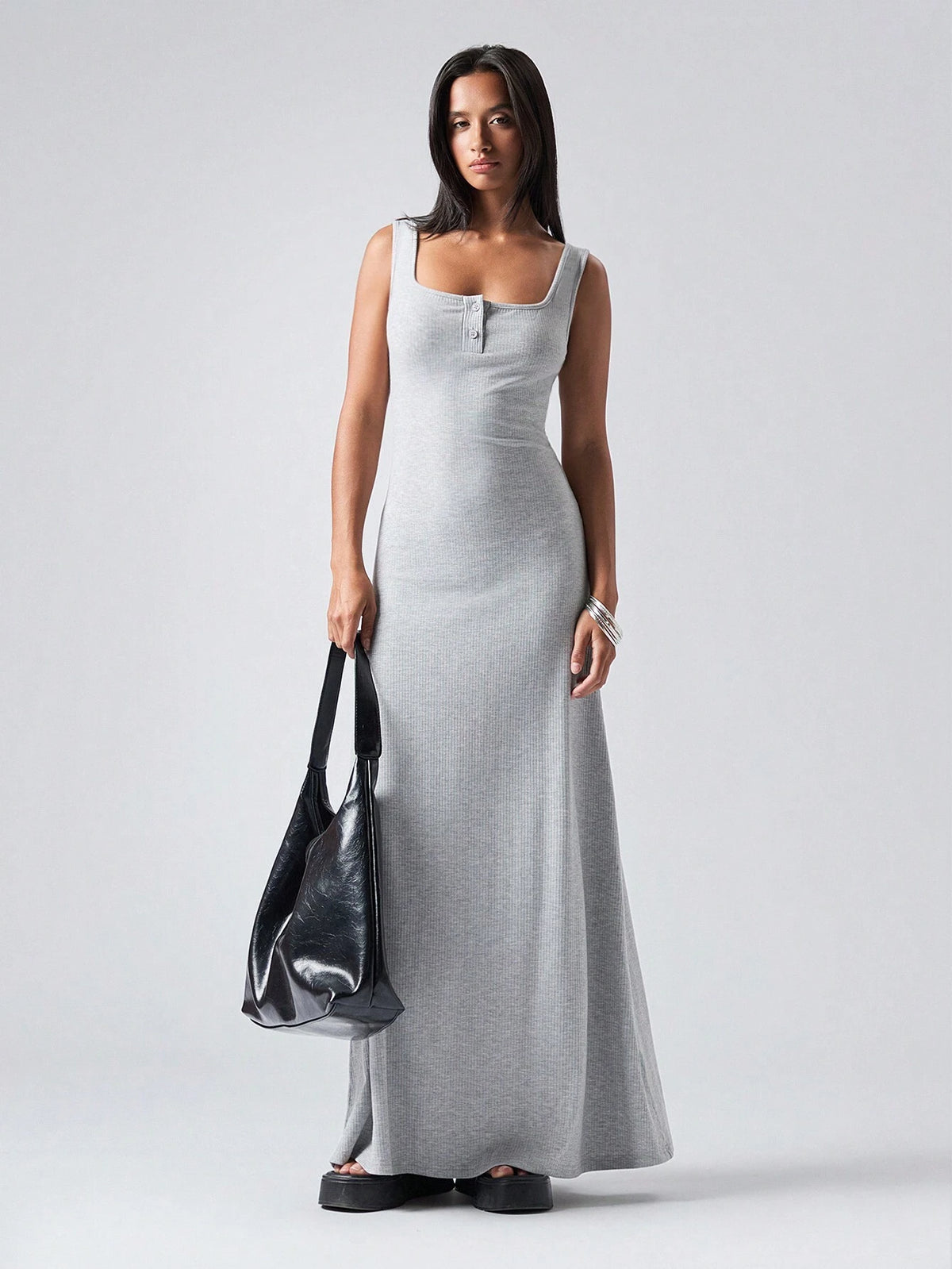 Women's Solid Color Button Half-Placket Square Neck Casual Long Dress, Summer