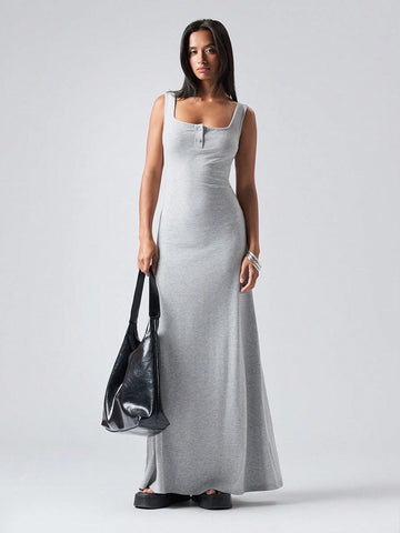 Women's Solid Color Button Half-Placket Square Neck Casual Long Dress, Summer