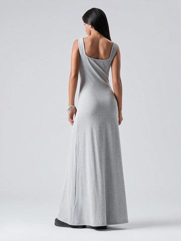Women's Solid Color Button Half-Placket Square Neck Casual Long Dress, Summer