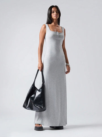 Women's Solid Color Button Half-Placket Square Neck Casual Long Dress, Summer