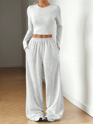 Women's Solid Color Crew Neck Long Sleeve Bodycon T-Shirt And Sweatpants Set