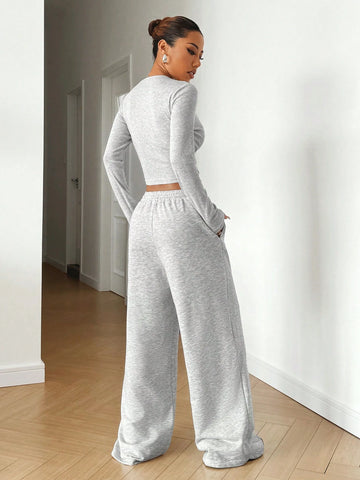 Women's Solid Color Crew Neck Long Sleeve Bodycon T-Shirt And Sweatpants Set