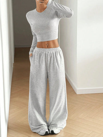 Women's Solid Color Crew Neck Long Sleeve Bodycon T-Shirt And Sweatpants Set