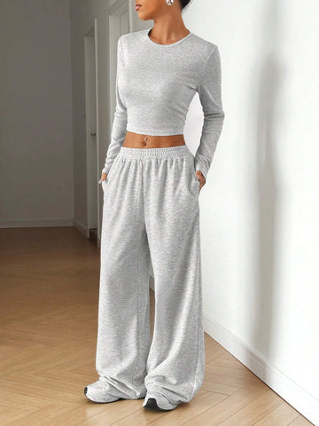 Women's Solid Color Crew Neck Long Sleeve Bodycon T-Shirt And Sweatpants Set