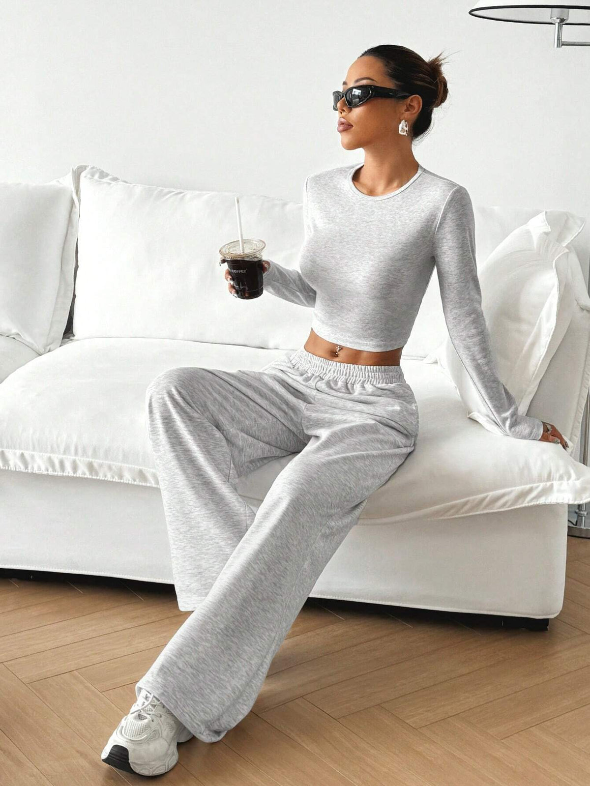 Women's Solid Color Crew Neck Long Sleeve Bodycon T-Shirt And Sweatpants Set