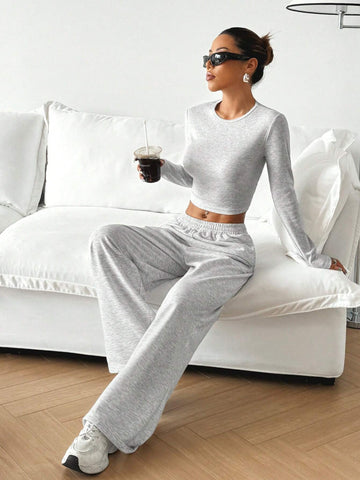 Women's Solid Color Crew Neck Long Sleeve Bodycon T-Shirt And Sweatpants Set