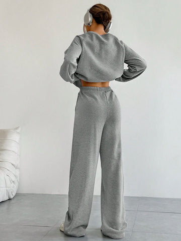 Women's Solid Color Crew Neck Raglan Sleeve Sweatshirt And Pants Casual Loose Suit, Autumn Winter