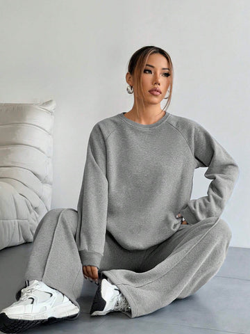 Women's Solid Color Crew Neck Raglan Sleeve Sweatshirt And Pants Casual Loose Suit, Autumn Winter