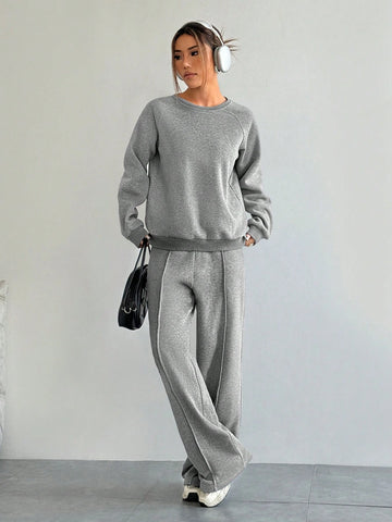 Women's Solid Color Crew Neck Raglan Sleeve Sweatshirt And Pants Casual Loose Suit, Autumn Winter