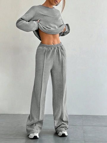 Women's Solid Color Crew Neck Raglan Sleeve Sweatshirt And Pants Casual Loose Suit, Autumn Winter
