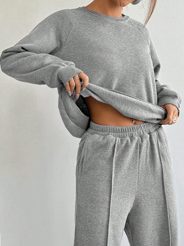 Women's Solid Color Crew Neck Raglan Sleeve Sweatshirt And Pants Casual Loose Suit, Autumn Winter