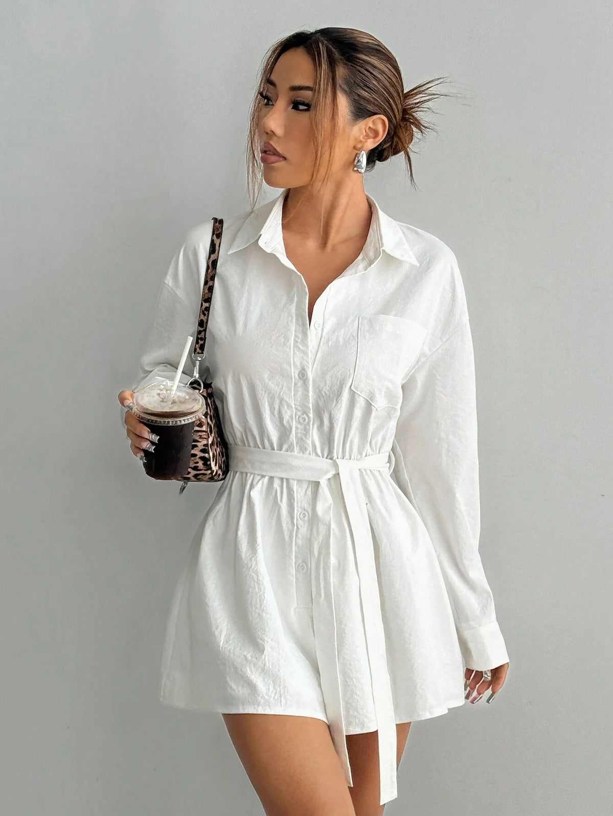 Women's Solid Color Drop Shoulder Long Sleeve Belt Jumpsuit, Spring & Summer