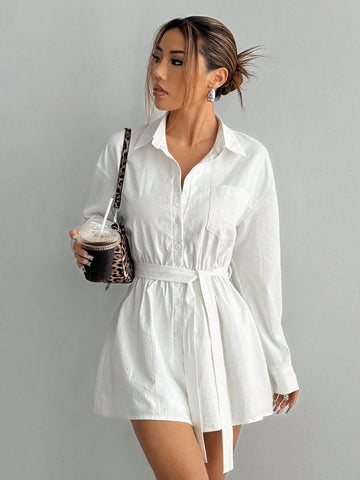 Women's Solid Color Drop Shoulder Long Sleeve Belt Jumpsuit, Spring & Summer