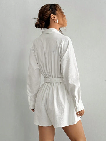 Women's Solid Color Drop Shoulder Long Sleeve Belt Jumpsuit, Spring & Summer